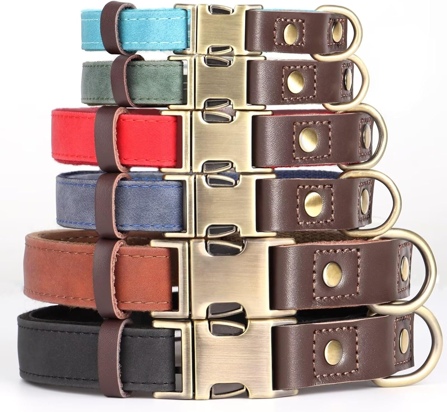 Stack of dog collars with brass buckles in various colors on a white background