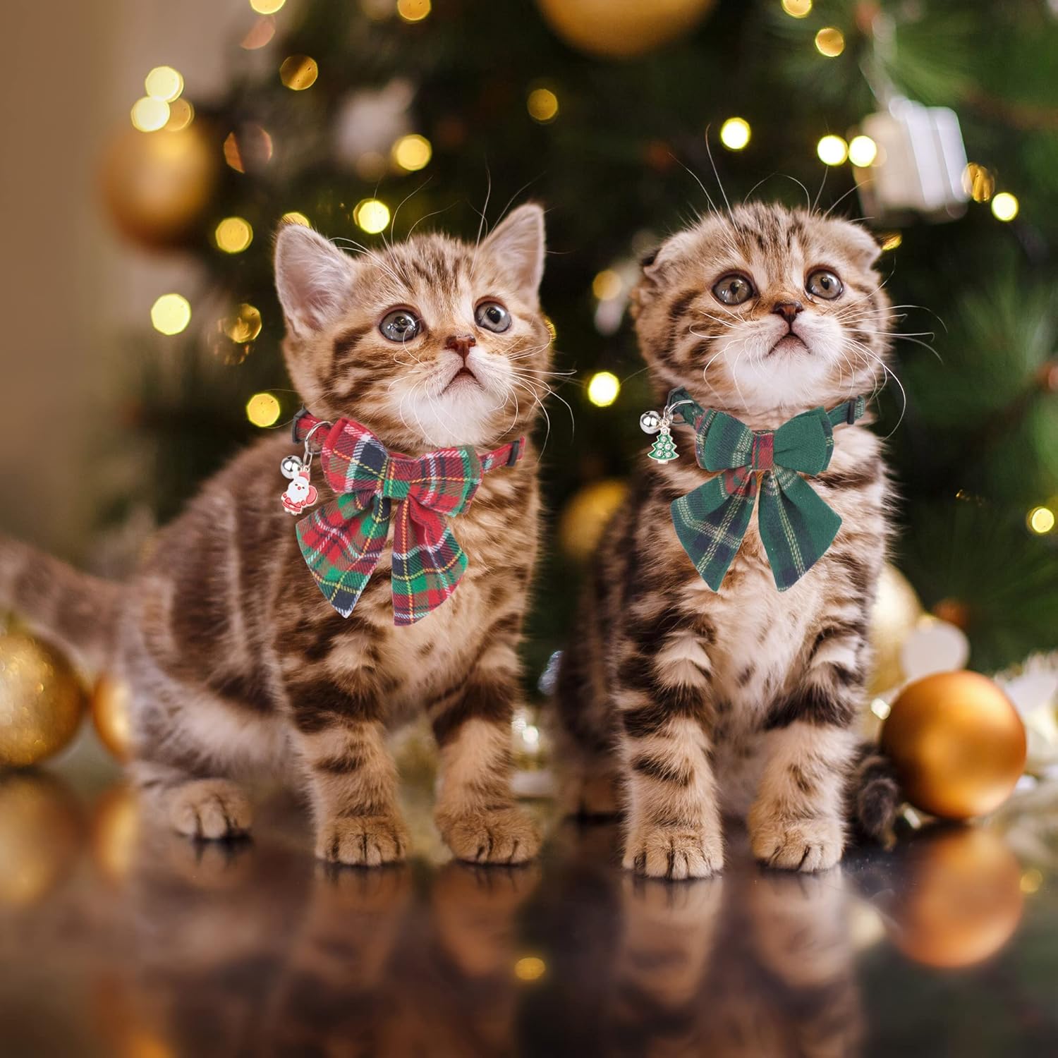 Christmas Cat Collars Breakaway with Removable Bow Tie, 2 Pack Red Green Plaid Christmas Collar for Cats and Kittens