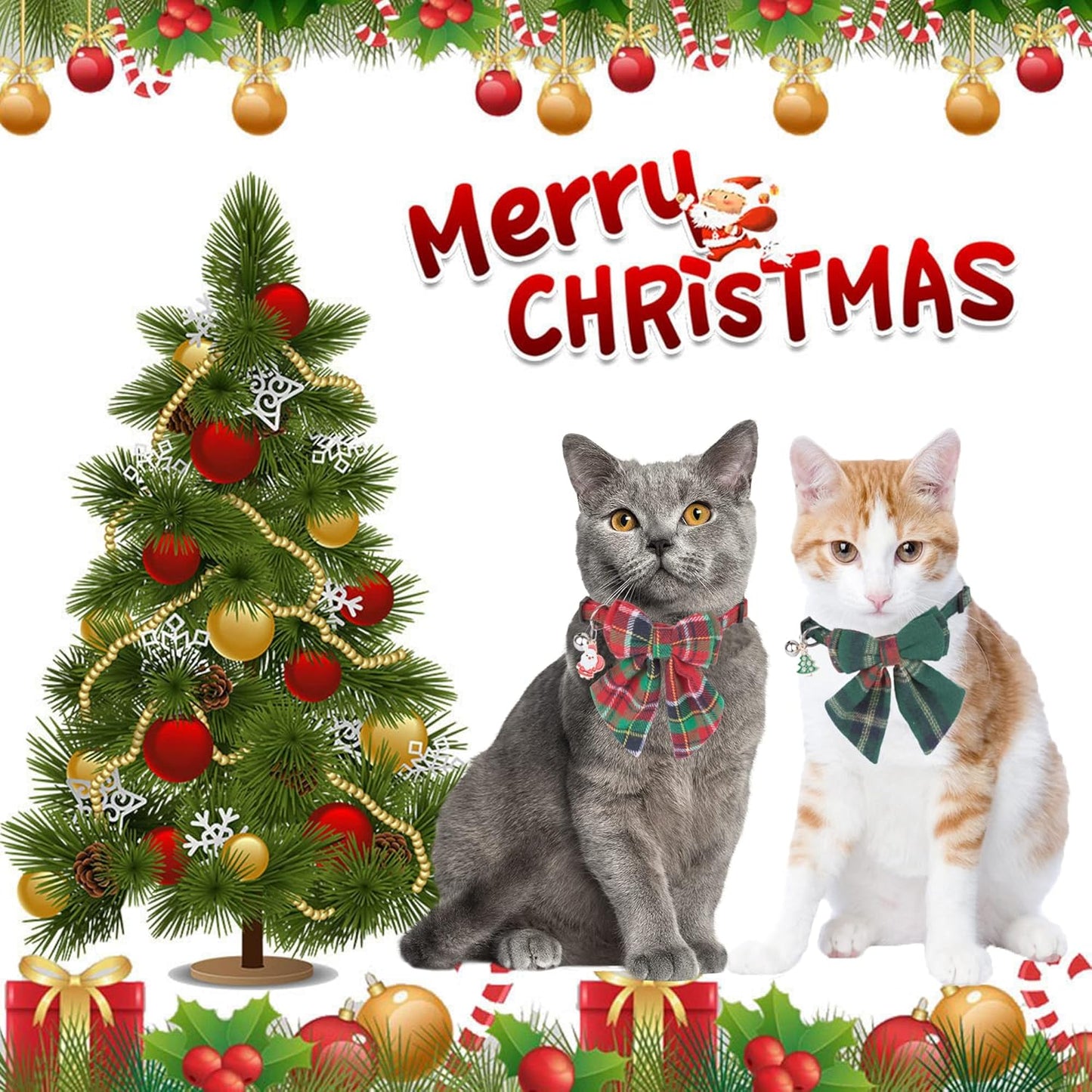 Christmas Cat Collars Breakaway with Removable Bow Tie, 2 Pack Red Green Plaid Christmas Collar for Cats and Kittens