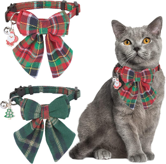 Christmas Cat Collars Breakaway with Removable Bow Tie, 2 Pack Red Green Plaid Christmas Collar for Cats and Kittens