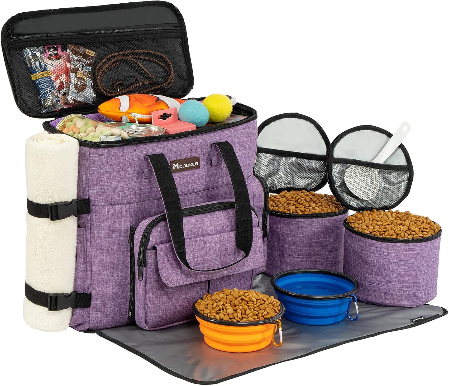 Complete pet travel kit with airline approved bag food containers and collapsible bowls in lavendar