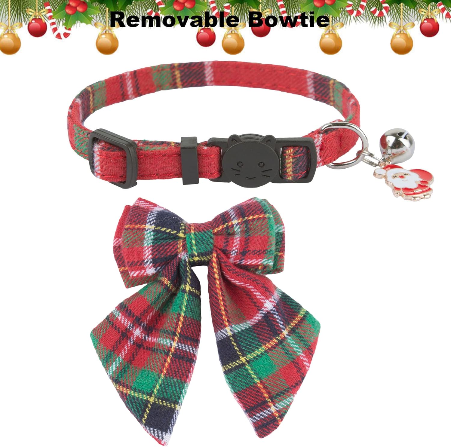Christmas Cat Collars Breakaway with Removable Bow Tie, 2 Pack Red Green Plaid Christmas Collar for Cats and Kittens