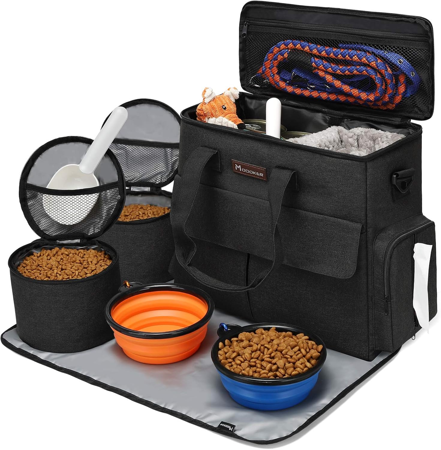Complete pet travel kit with airline approved bag food containers and collapsible bowls in black