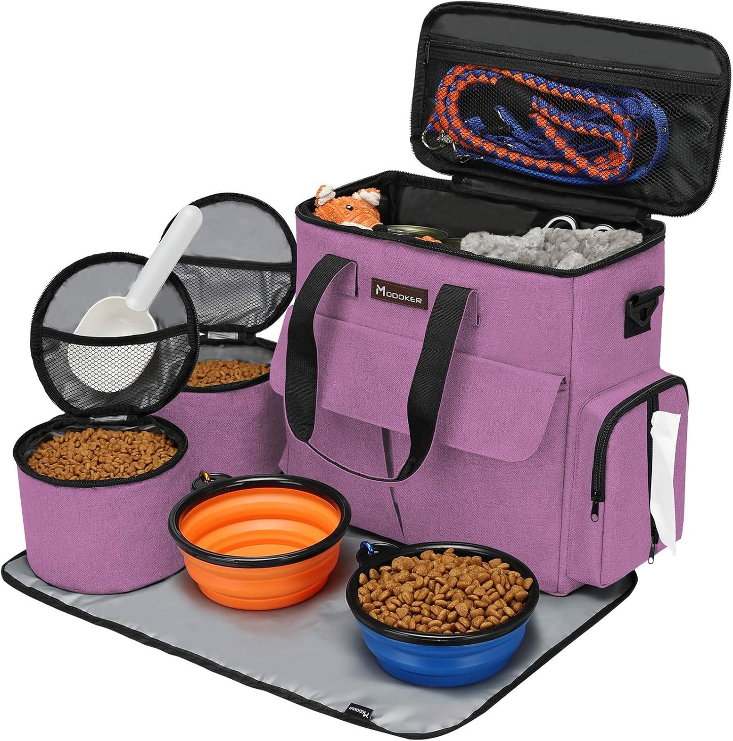Complete pet travel kit with airline approved bag food containers and collapsible bowls in pink