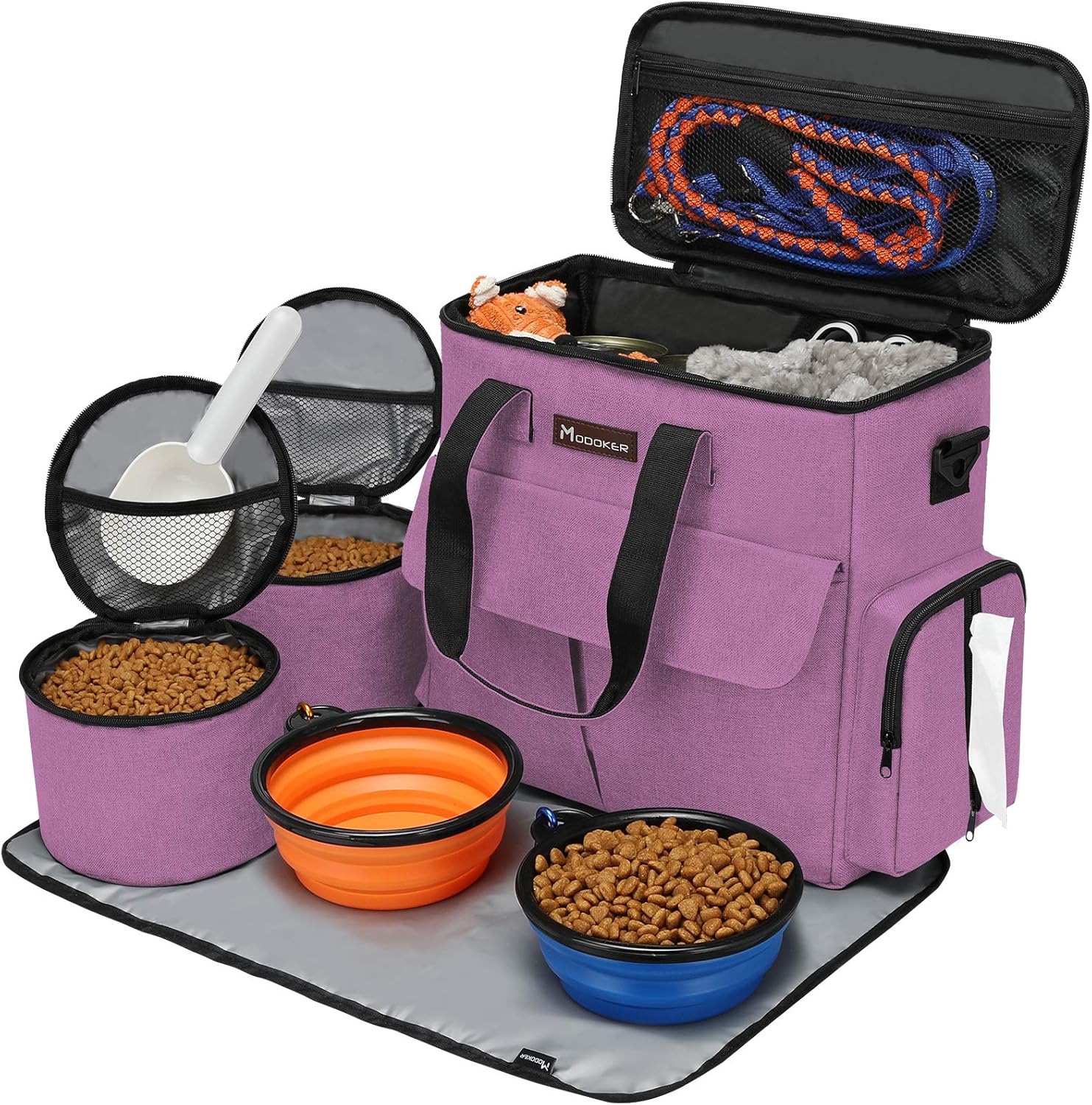 Complete pet travel kit with airline approved bag food containers and collapsible bowls in pink