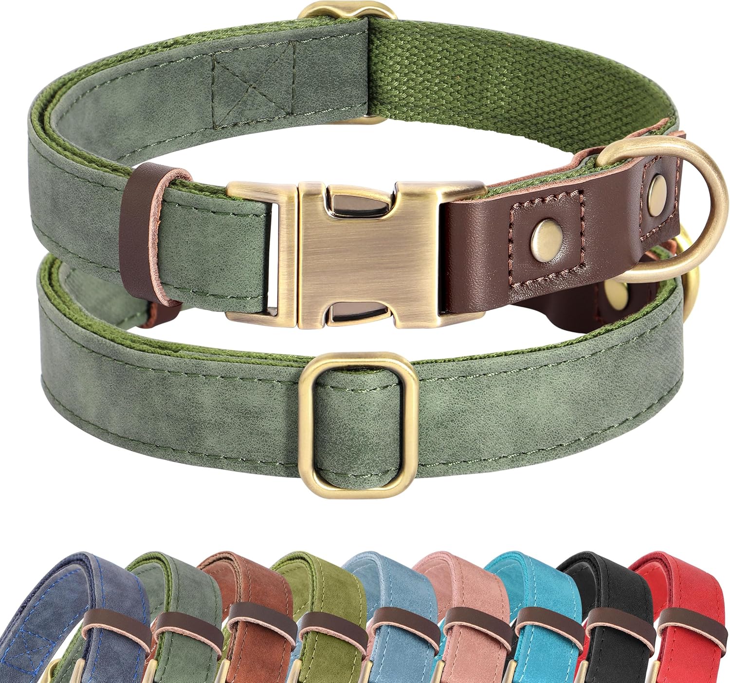 Green dog collar with brass buckle on a white background, with additional color options displayed below.