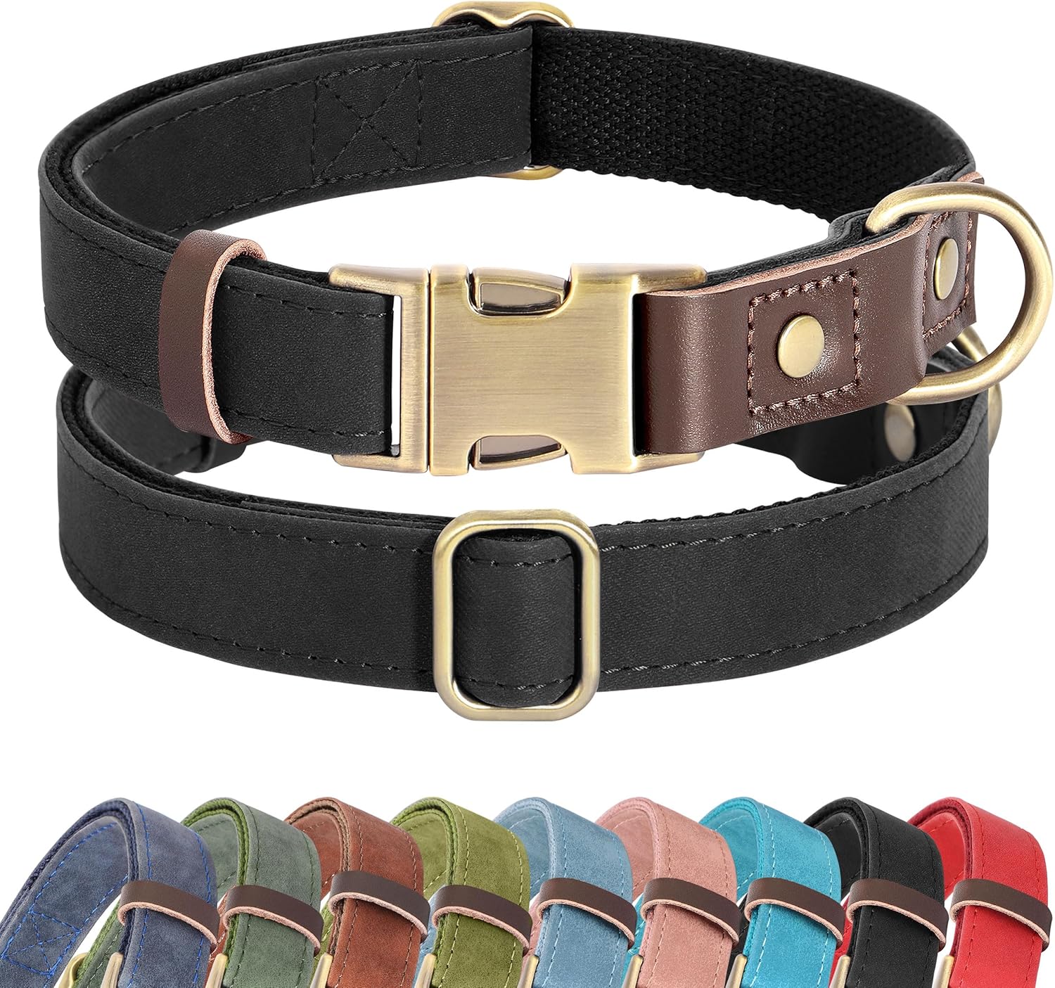 Black dog collar with brown leather accents and brass buckle on a white background, with additional color options displayed below.