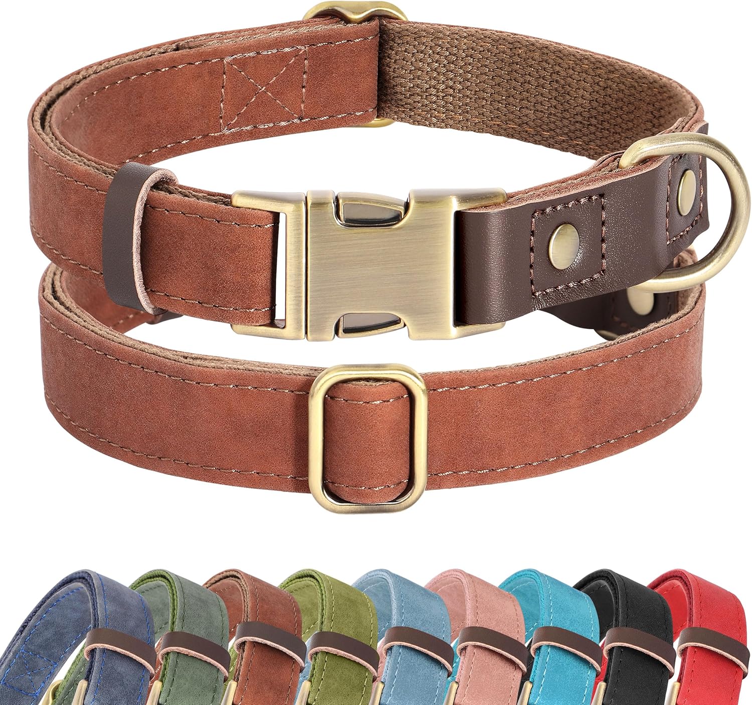 Brown dog collar with brass buckle on a white background, with additional color options displayed below.