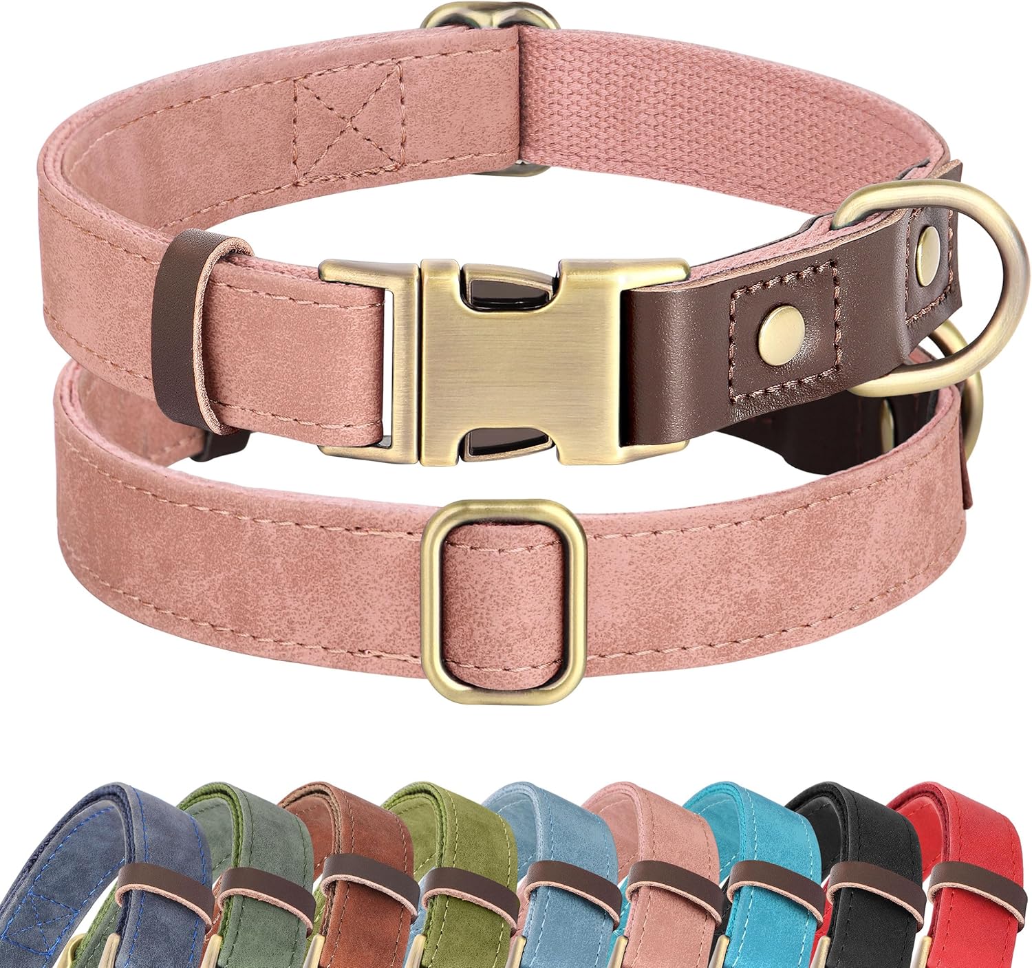 Pink dog collar with brass buckle and additional color options displayed below on a white background.