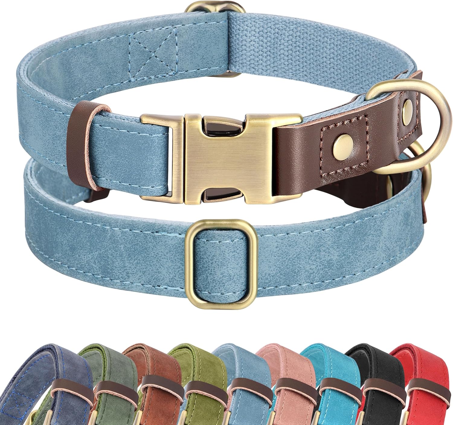 Dog collar with blue strap, brown leather accents, and brass buckle on a white background.