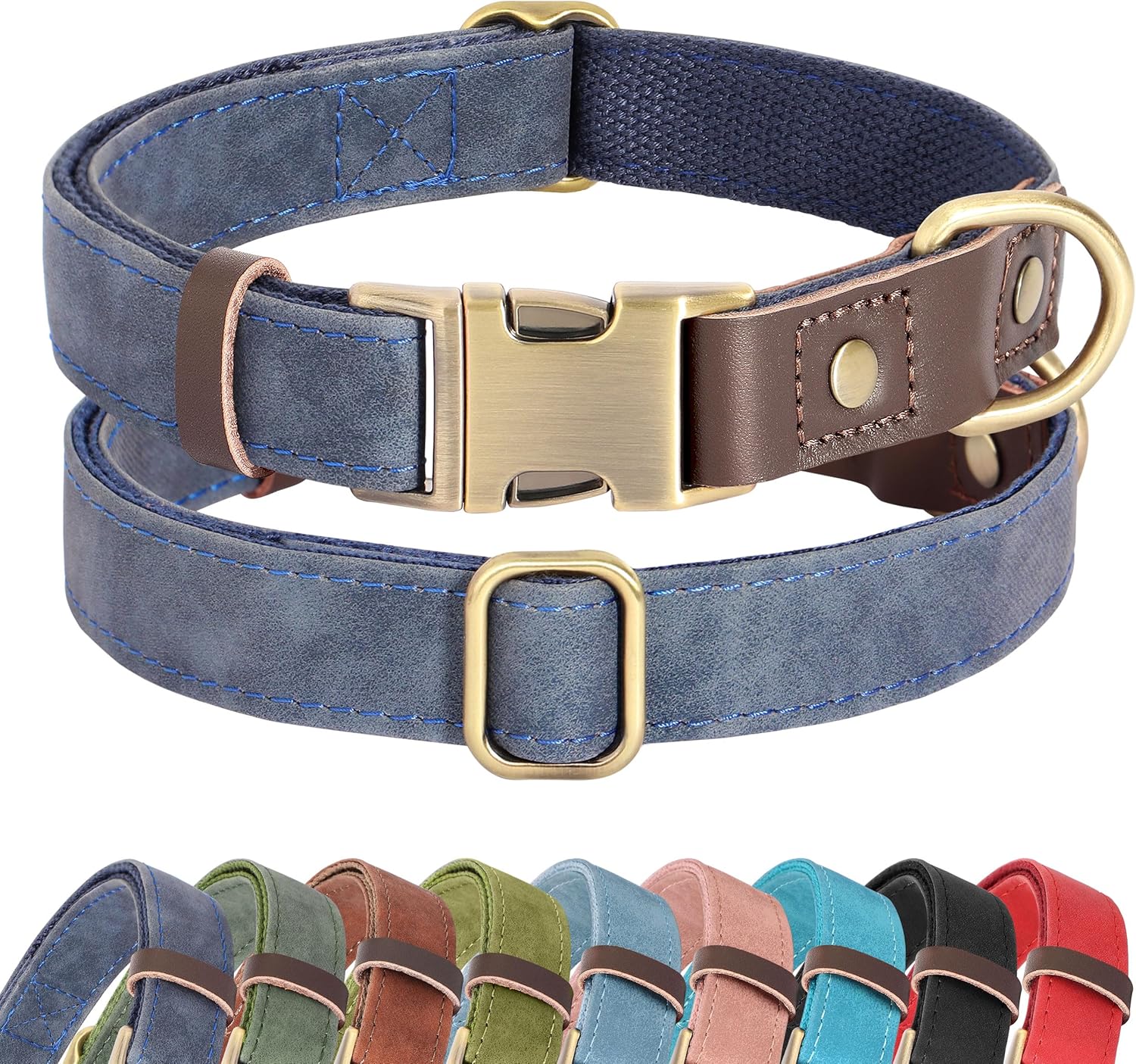 Dog collar with brass buckle and blue leather strap, shown in multiple color options.