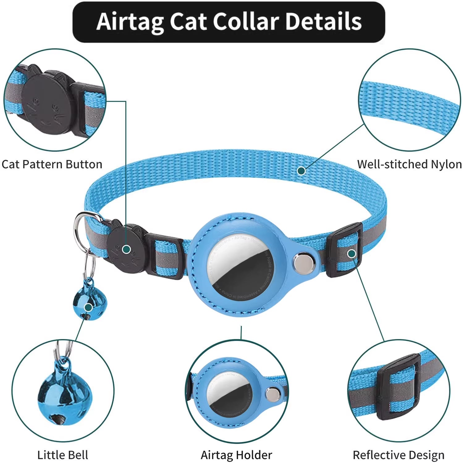 Blue cat collar with airtag holder and features highlighted