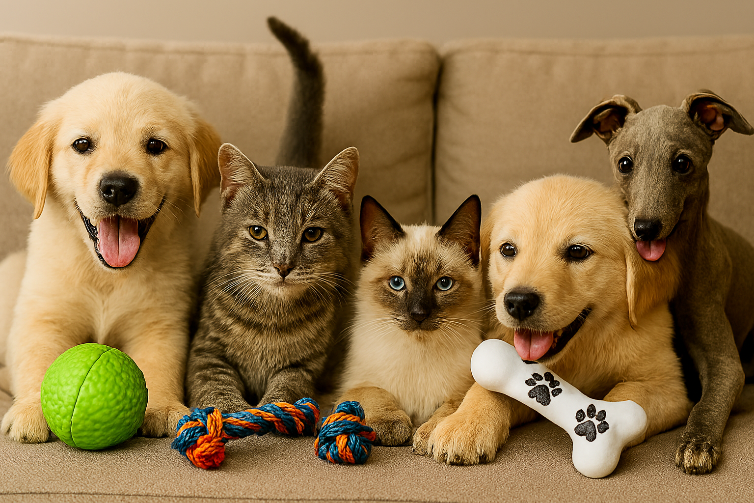 puppies and two kittens with toys on a couch