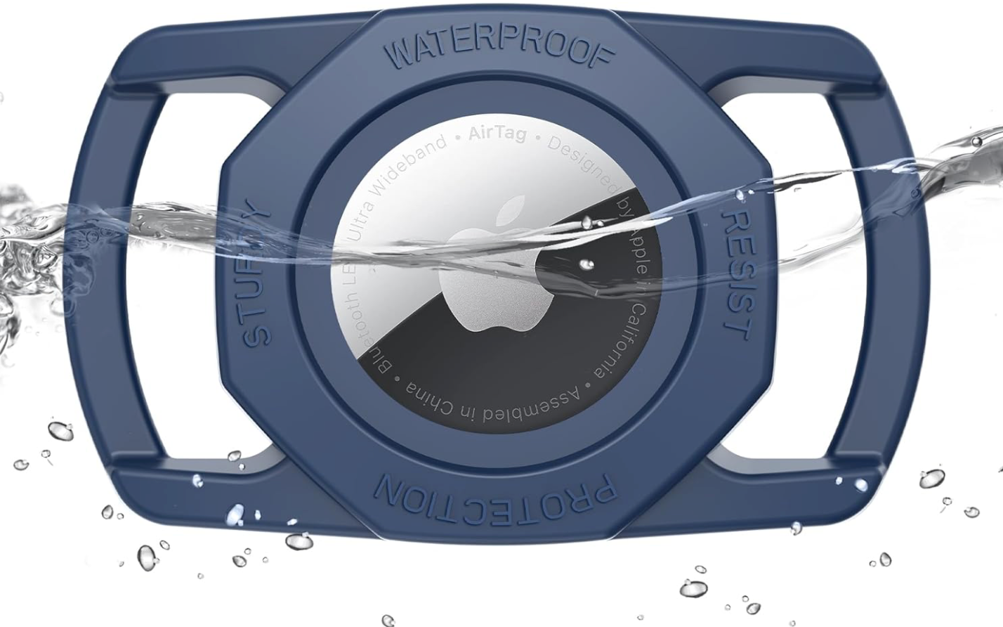 Blue AirTag protective case with water splashing around it on a white background