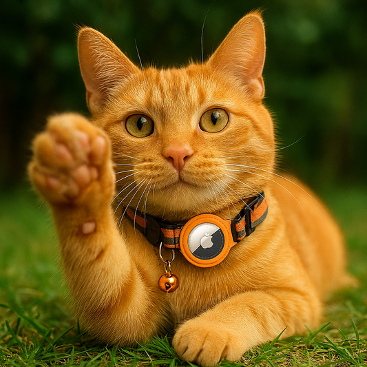Orange cat with a airtag reflective collar and bell on grass