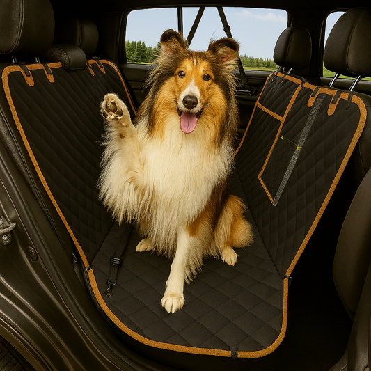 Dog sitting on a car seat cover in a vehicle with a scenic background
