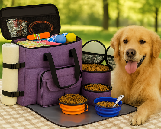 Dog with picnic setup including a purple bag, food bowls, and a blanket in a park.