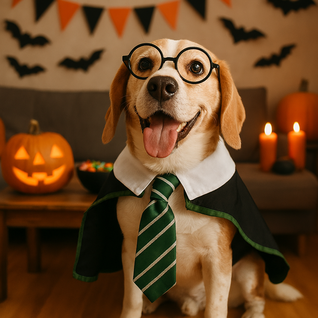 Dog in a Halloween costume with a green tie and cape, surrounded by pumpkins and candles.