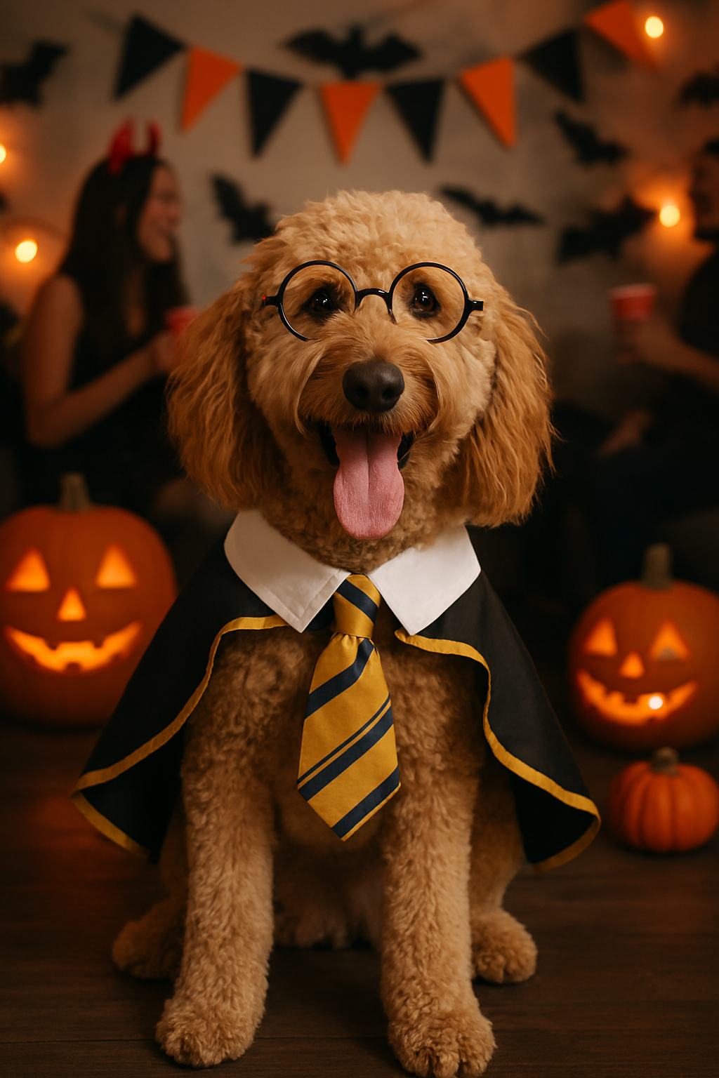 Dog in a Yellow Wizard costume with Halloween decorations in the background