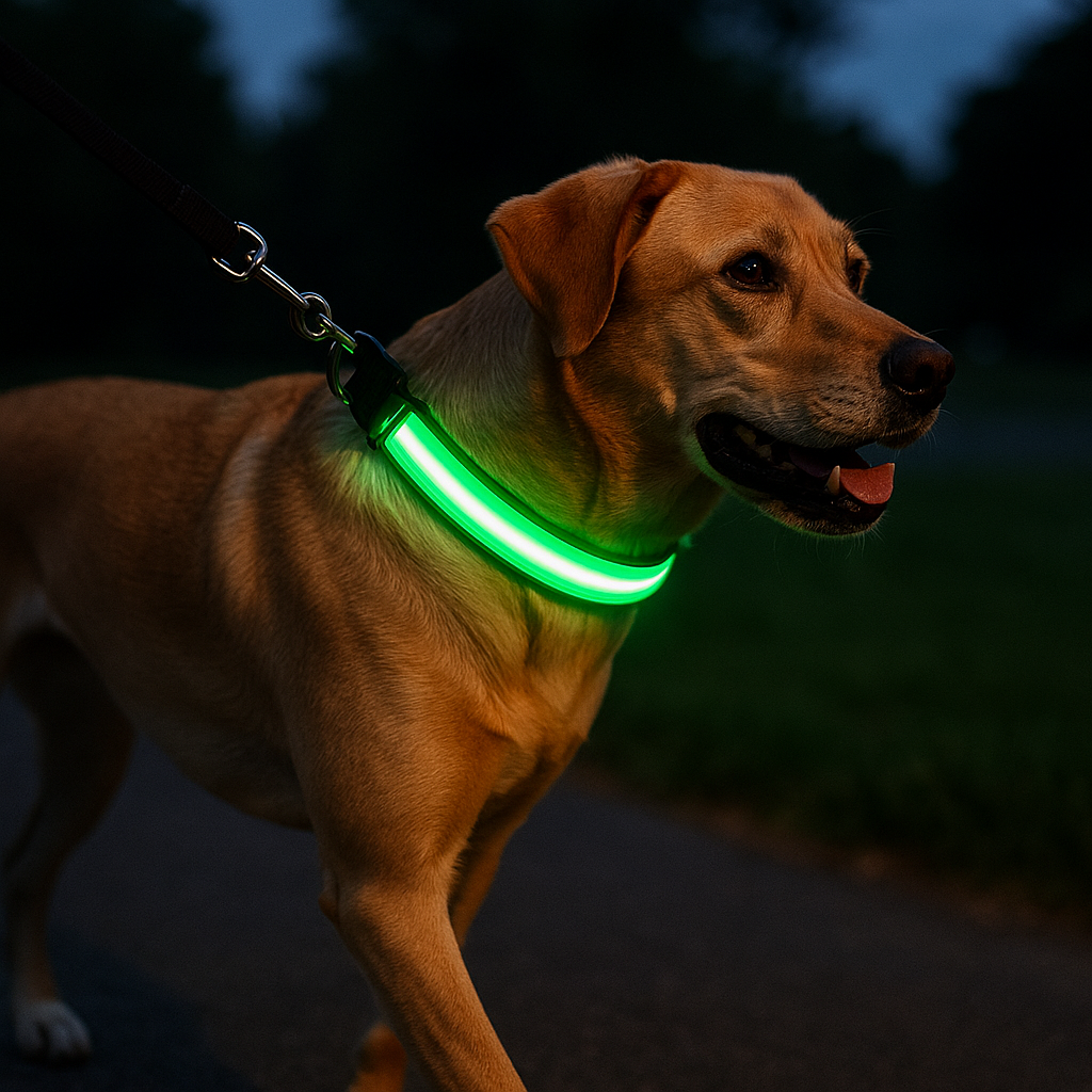 Dog wearing a green LED collar in the dark