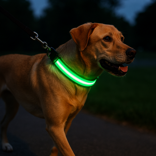 Dog wearing a green LED collar in the dark