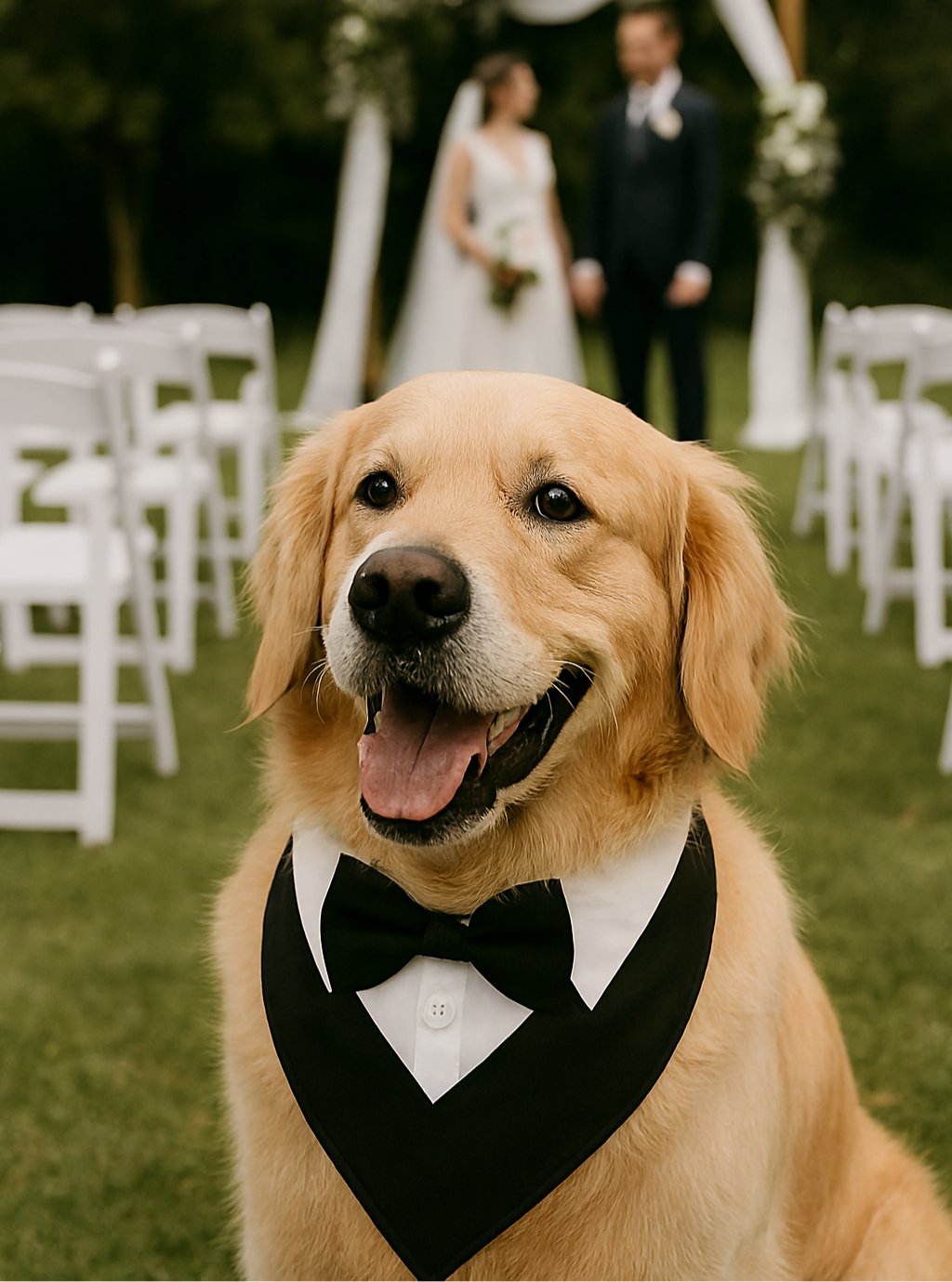Dog in a tuxedo standing in front of a wedding ceremony with a bride and groom in the background.