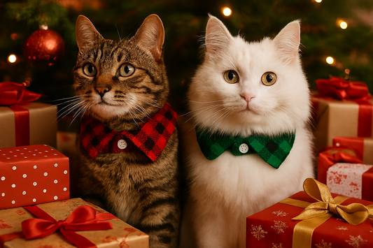 Meowy & Bright - Holiday Plaid Cat Collar Duo - Christmas Cat Collars Breakaway with shirt collar and Bell, 2 Pack Red Green Plaid Xmas Collar with Removable Shirt Collar