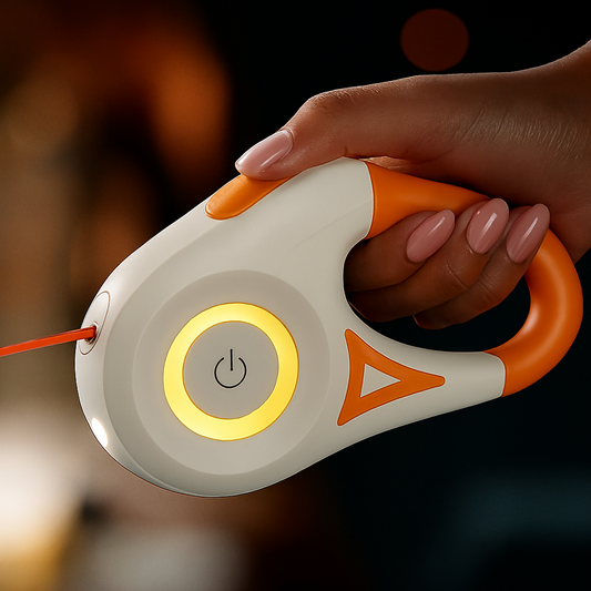 Hand holding an orange Led Retractable Leash with a power symbol on a blurred background