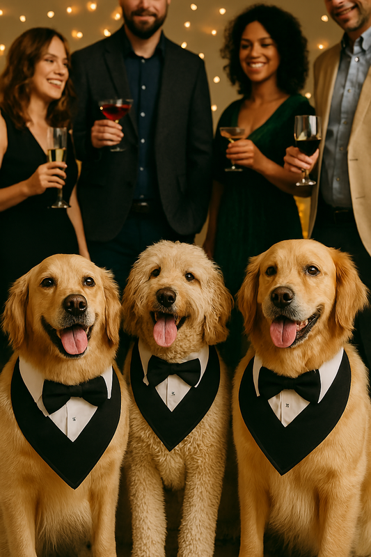 Three dogs in formal attire with bow ties and vests standing in front of a group of people holding drinks.