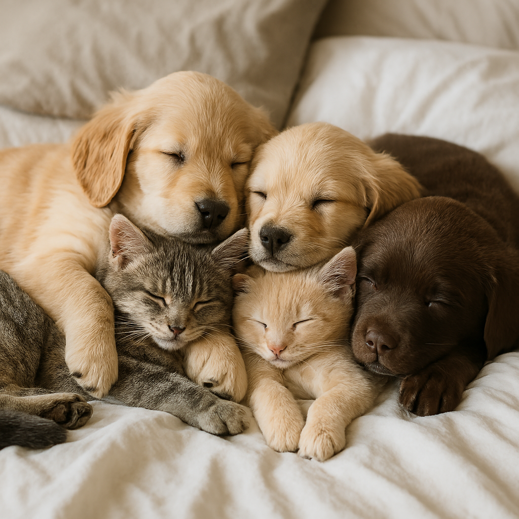 puppies and two kittens sleeping together on a soft surface.