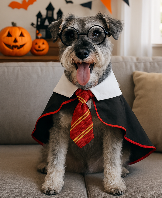 Dog in a Halloween Wizard costume with a cape glasses and tie, sitting on a couch.