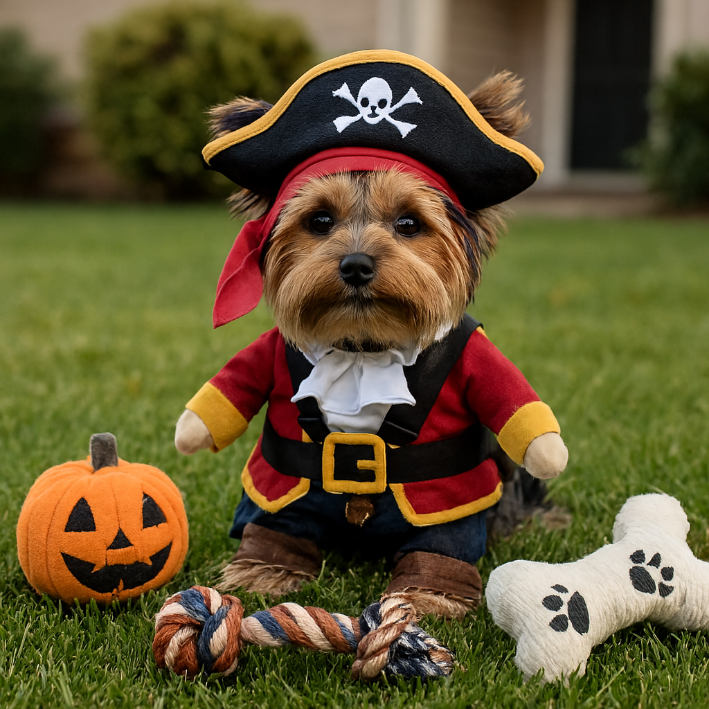 Dog in a pirate costume with Halloween-themed items on grass