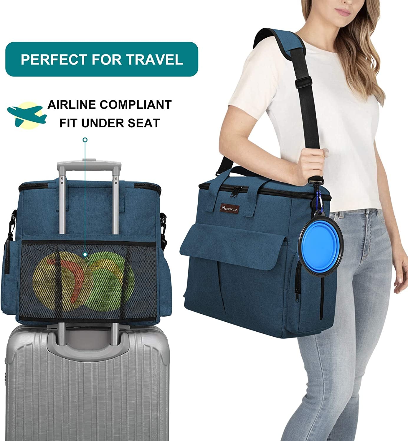 Complete pet travel kit with airline approved bag food containers and collapsible bowls