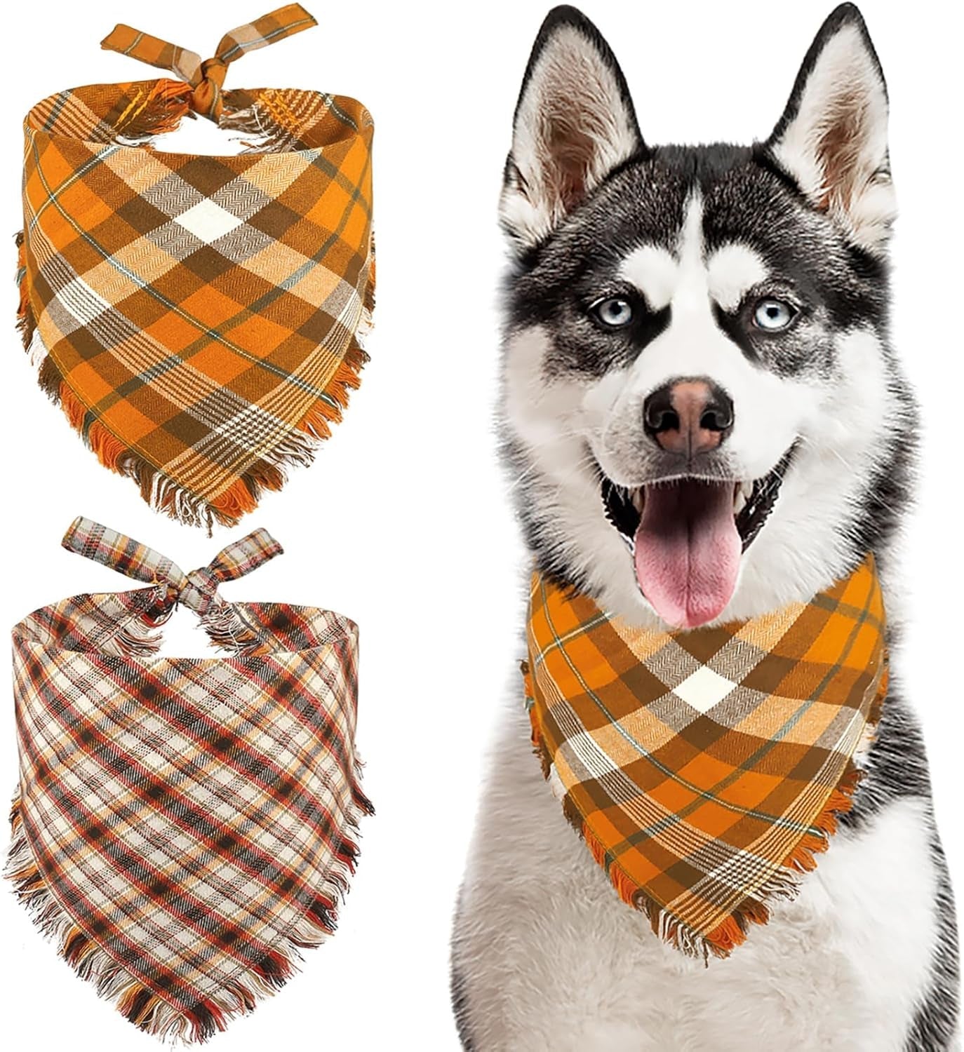 Fall Dog Bandanas 2 Pack, Autumn Thanksgiving Dog Bandana XL, Orange Plaid Pet Scarf for Boy and Girl, Holiday Bandanas Triangle Bibs for Large X-Large Dogs
