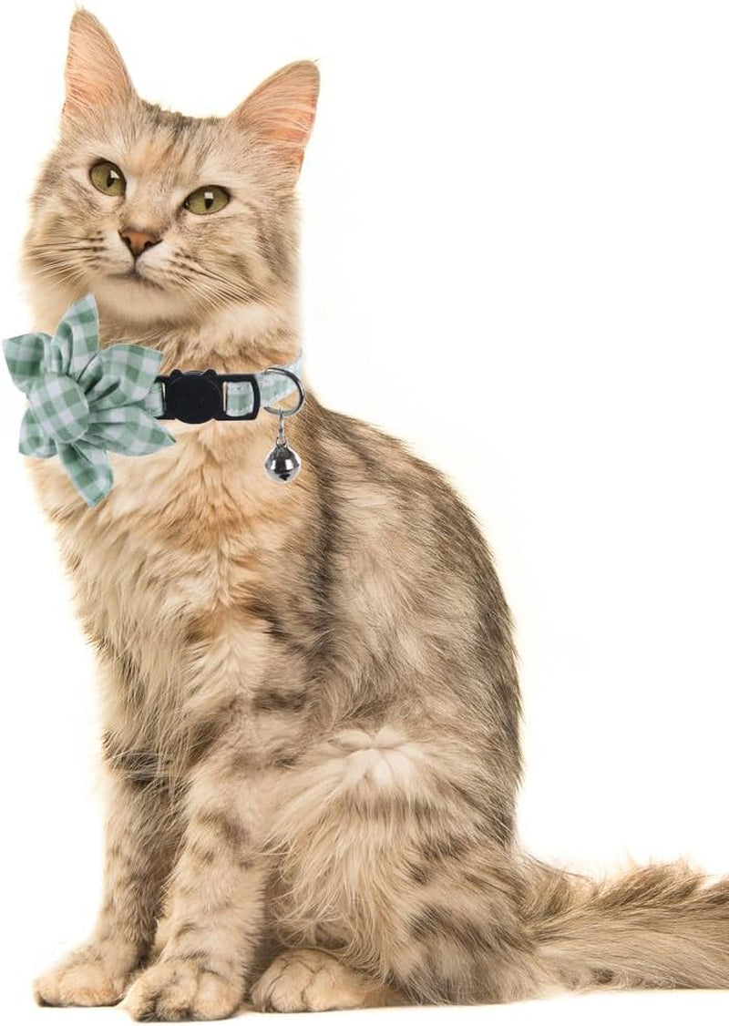 Cat Collar Breakaway with Cute Sunflower and Bell Plaid Flower for Kitty Adjustable Safety