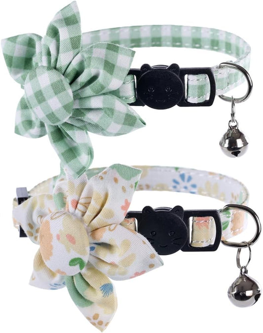 Cat Collar Breakaway with Cute Sunflower and Bell Plaid Flower for Kitty Adjustable Safety