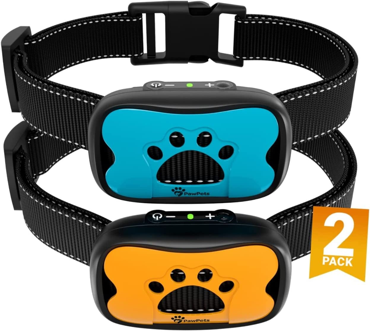 Anti Bark Collar - No Shock Training Dog Collar - Humane with Vibration and Sound Barking Collar for Small Medium Large Dogs 5-100Lbs - 2 Pack Blue Orange (Battery)