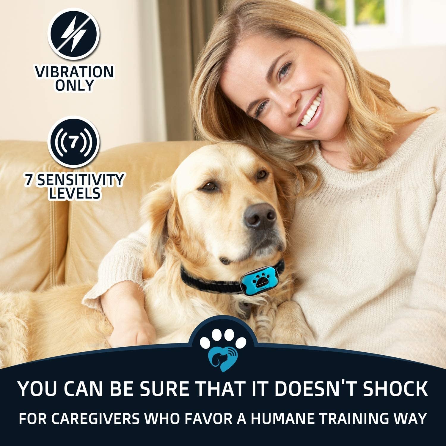 Anti Bark Collar - No Shock Training Dog Collar - Humane with Vibration and Sound Barking Collar for Small Medium Large Dogs 5-100Lbs - 2 Pack Blue Orange (Battery)