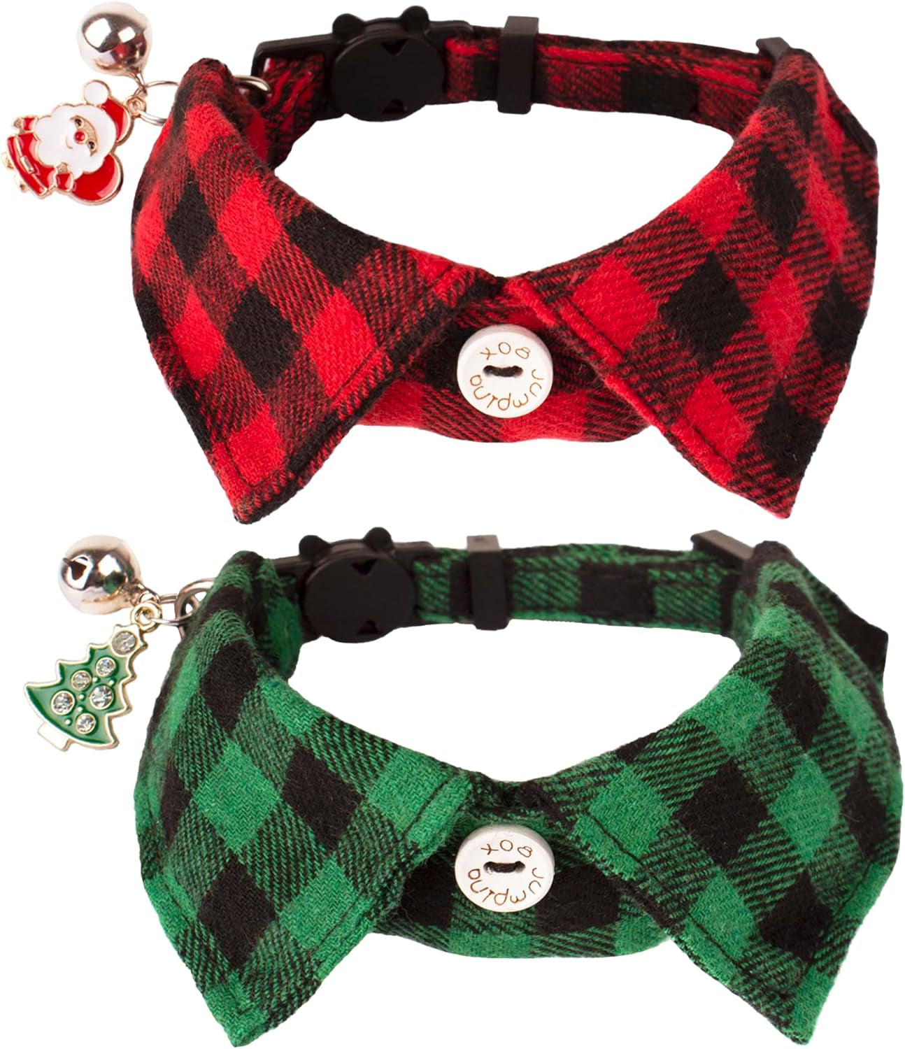 Christmas Cat Collars Breakaway with Bow Tie Bell, 2 Pack Red Green Plaid Xmas Collar with Removable Shirt Collar, Plaid Christmas Collars for Cats and Kittens