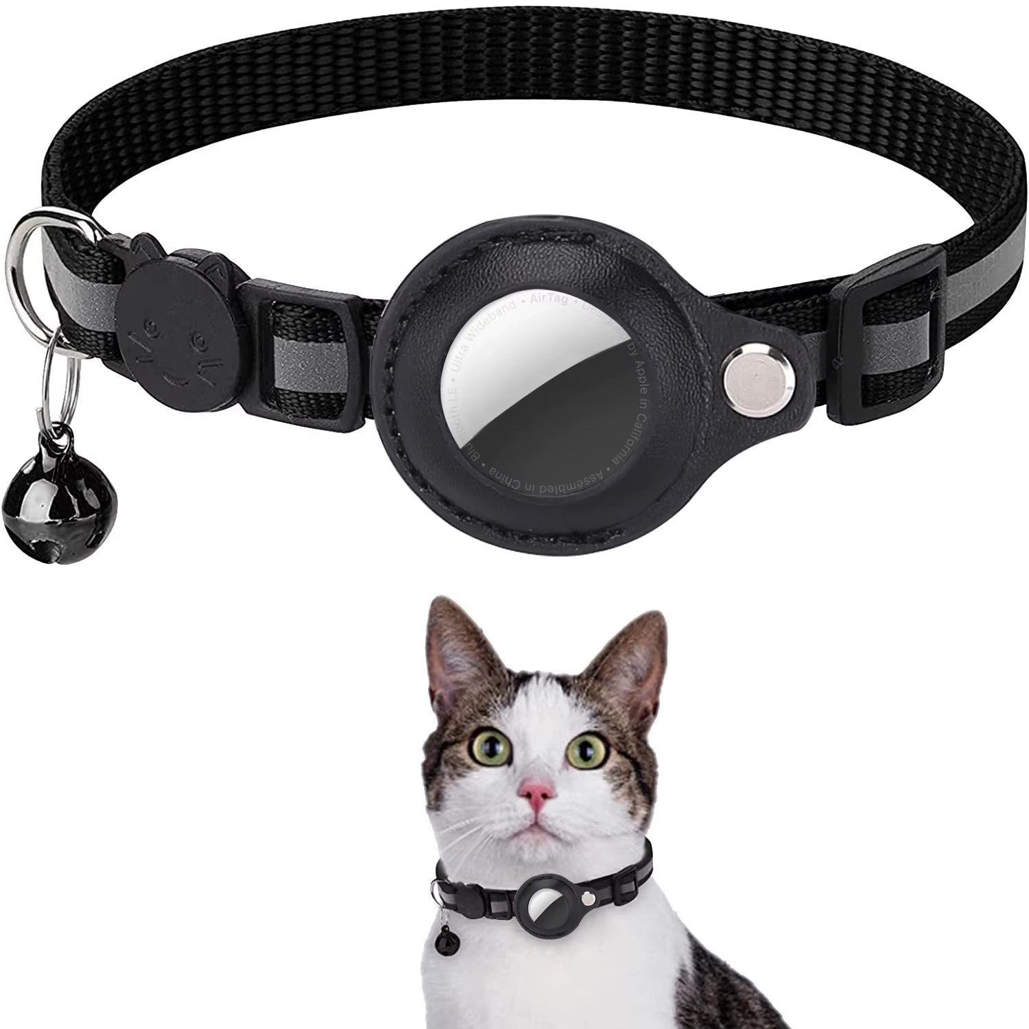 Reflective cat collar with breakaway safety and AirTag holder design in black