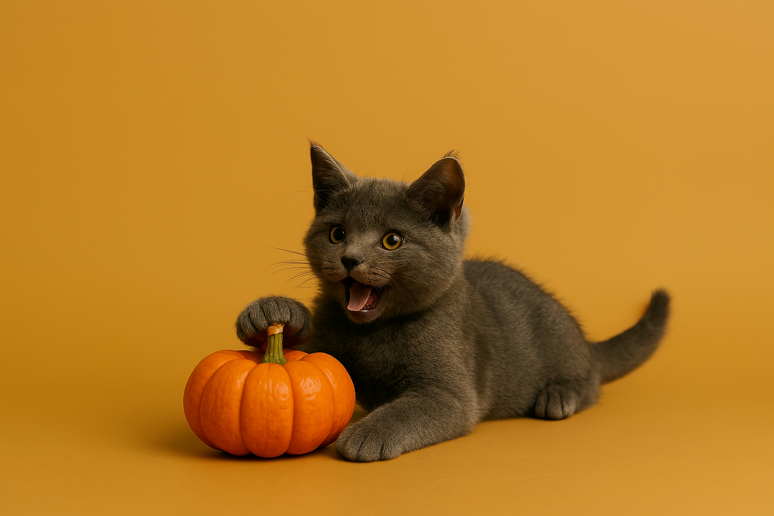 Gray kitten playing with a small orange pumpkin on an orange background