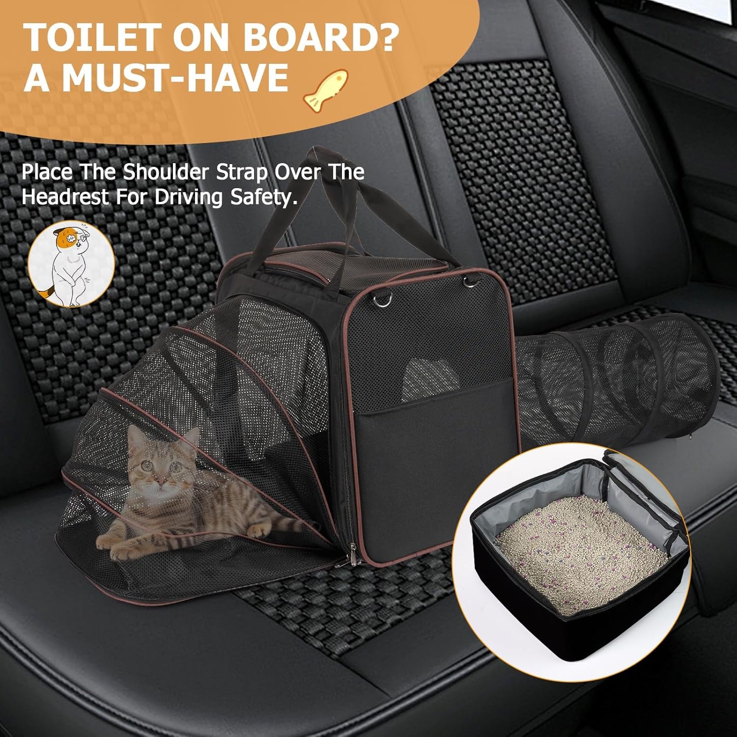 Cat Travel Carrier with Litter Box for Car, Expandable Cat Carrier with Pop Out Tunnel, Cat Carrier for Car Travel Long Distance, up to 20 Lb to Road Trip, Camping, Black