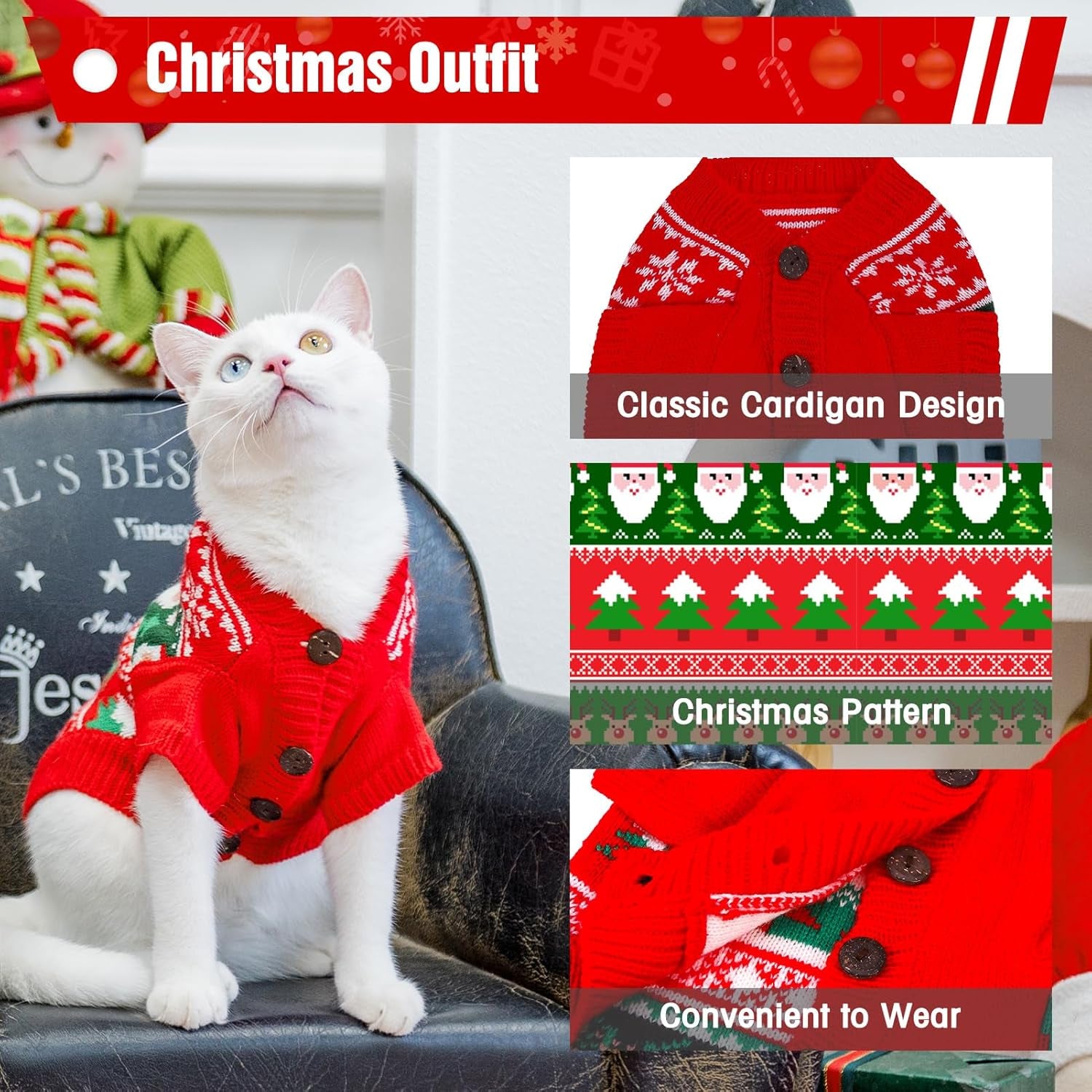 Christmas Sweater - Stylish Knitted Outfit for Cats, Soft Clothes, Knitwear Xmas Sweater with Sleeve, Warm Apparel for Kittens and All Cats, Medium