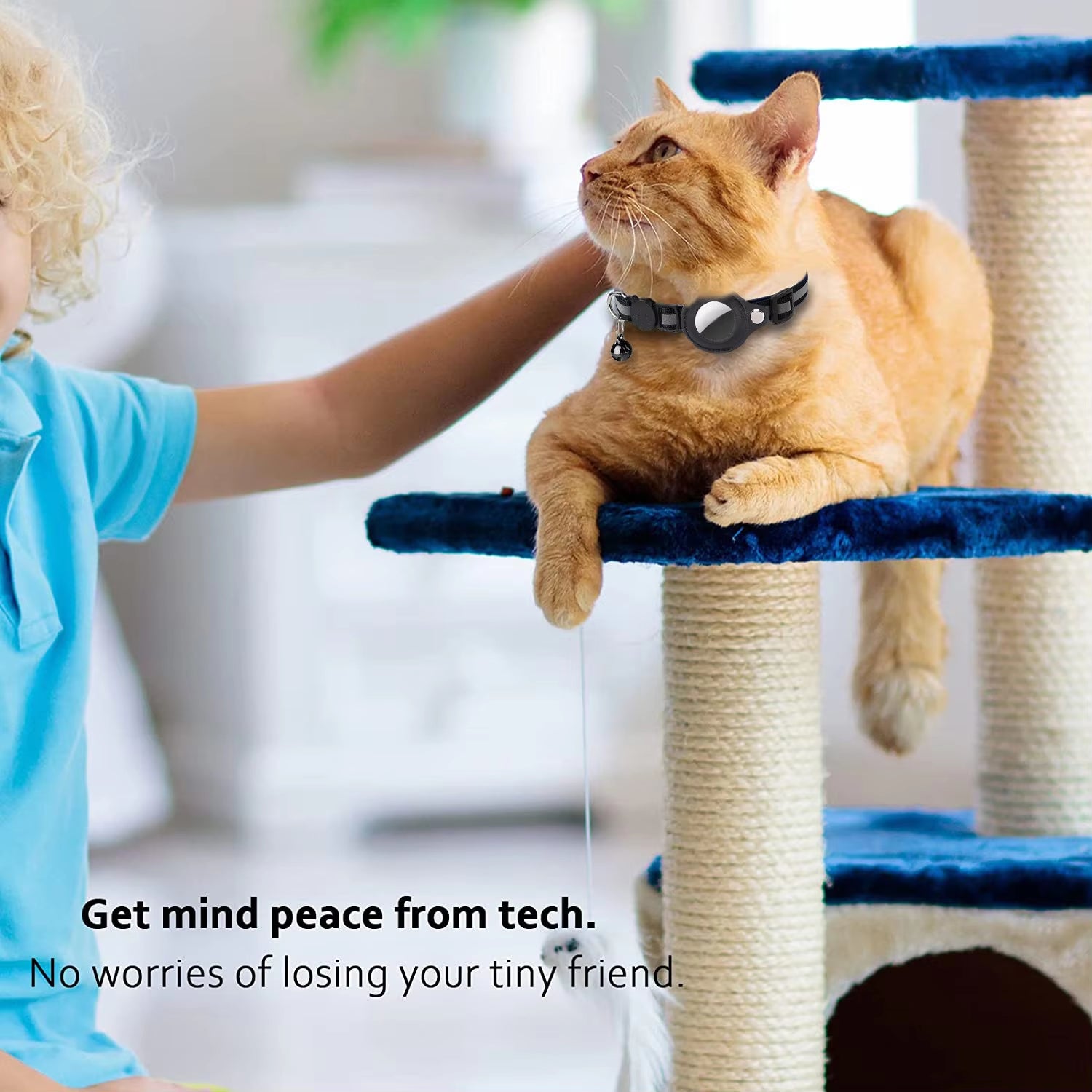 Cat on a scratching post with a child petting it, with text about technology and pet safety.