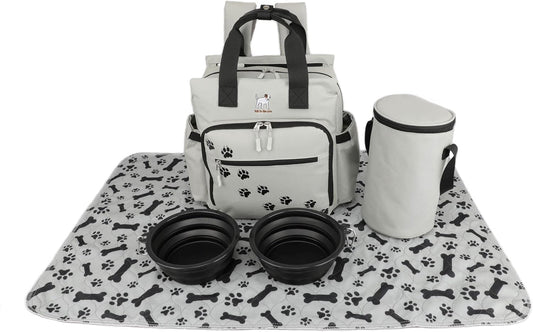 Dog Travel Bag - Dog Backpack Organizer - Pet Travel Kit Airline Compliant - Includes Large Pad, Food Canister and Bowls (Gray, Paw Prints)