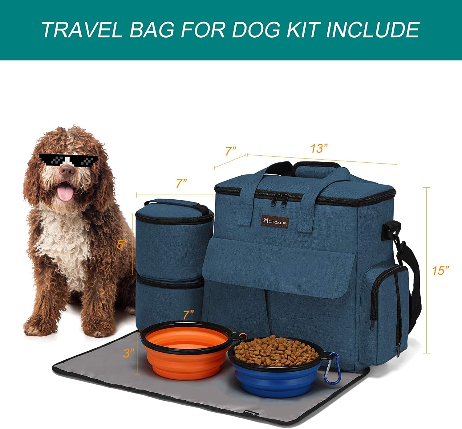 Dog travel bag kit with dog, food, water bowls, and mat on a white background