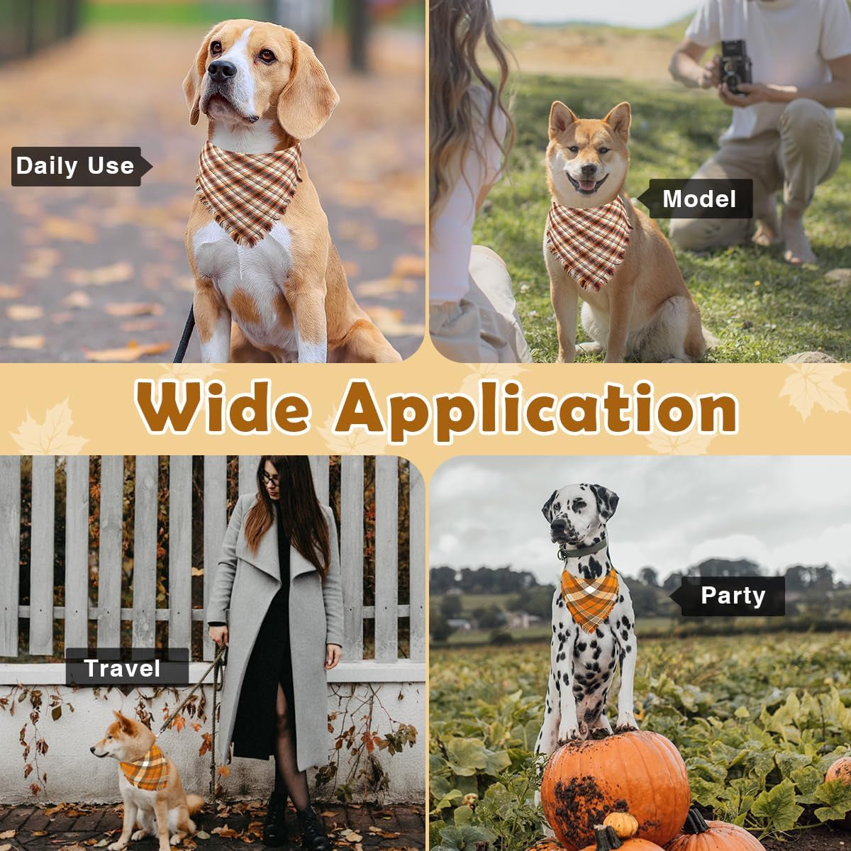 Fall Dog Bandanas 2 Pack, Autumn Thanksgiving Dog Bandana XL, Orange Plaid Pet Scarf for Boy and Girl, Holiday Bandanas Triangle Bibs for Large X-Large Dogs