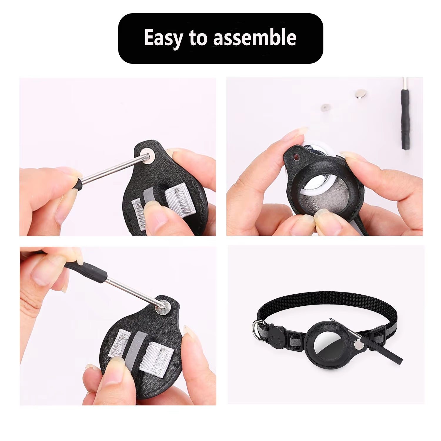 Step-by-step assembly of a black pet collar with tools on a white background.