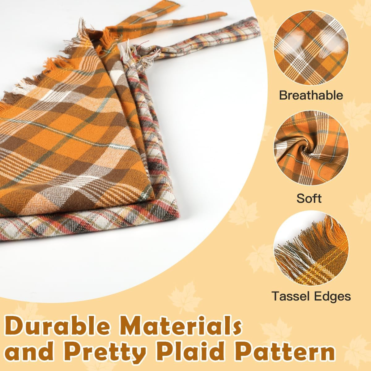 Fall Dog Bandanas 2 Pack, Autumn Thanksgiving Dog Bandana XL, Orange Plaid Pet Scarf for Boy and Girl, Holiday Bandanas Triangle Bibs for Large X-Large Dogs