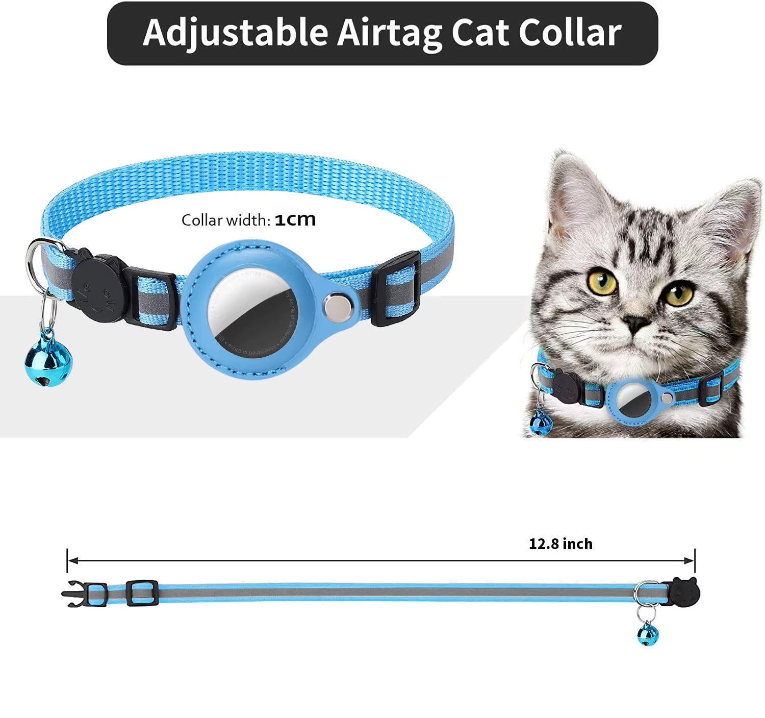 Blue adjustable airtag cat collar with measurements and a cat wearing it.